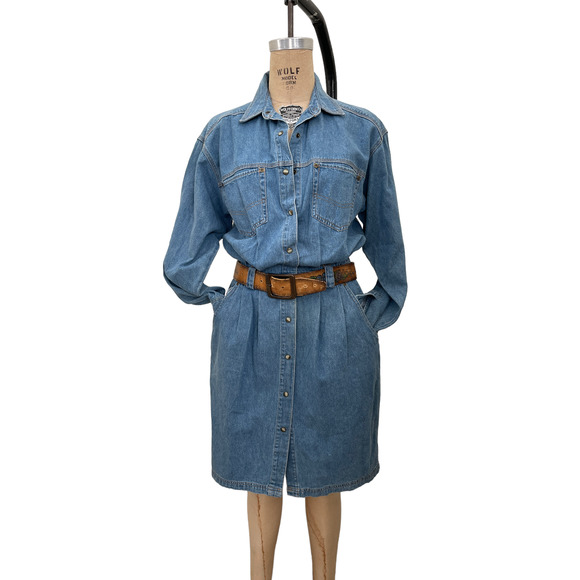 Eddie Bauer Dress Denim Vtg Jean Dress Pearl Snap Y2K Retro Knee Sz M - Picture 2 of 6